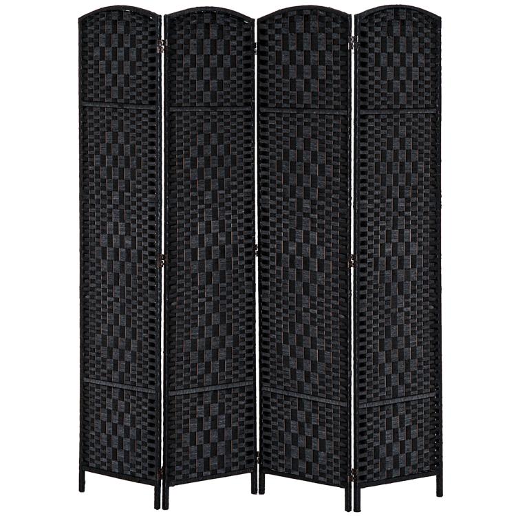 Black 4-panel folding room divider privacy screen with woven diamond texture