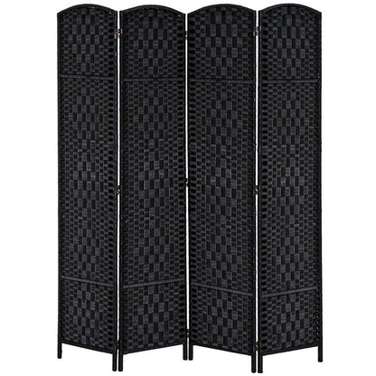 Black 4-panel folding room divider privacy screen with woven diamond texture