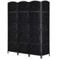 Black 4-panel folding room divider with woven diamond lattice pattern