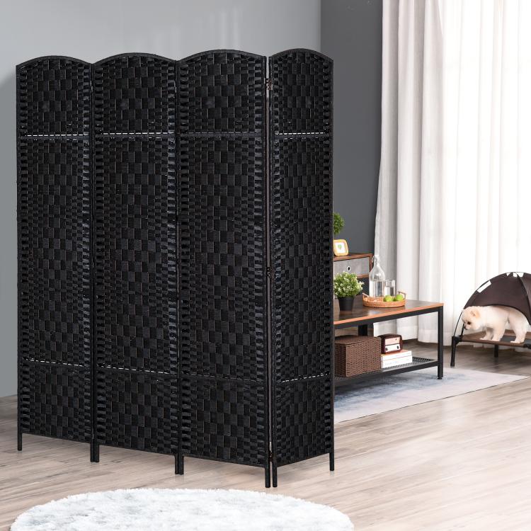 Black folding privacy room divider screen, four panels with woven checkered texture