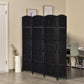 Black 4-panel freestanding folding room divider with hand-woven lattice design