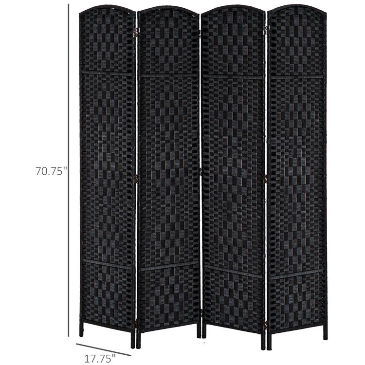 Black 4-panel room divider privacy screen with straight panel edges and stand legs
