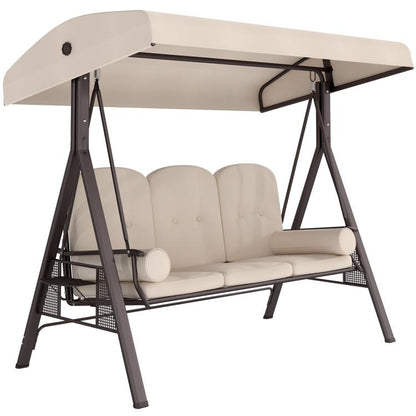 Beige 3-seat patio swing chair with adjustable canopy and padded cushions