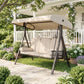 Beige 3-seat porch swing with canopy over padded bench and end support pillows