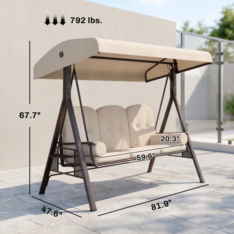 Beige 3-seat patio swing with canopy and cushions, with side arm pillow bolsters
