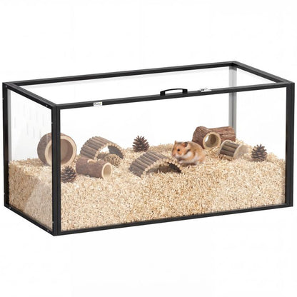 Large acrylic pet hamster cage with black metal frame and openable top enclosure