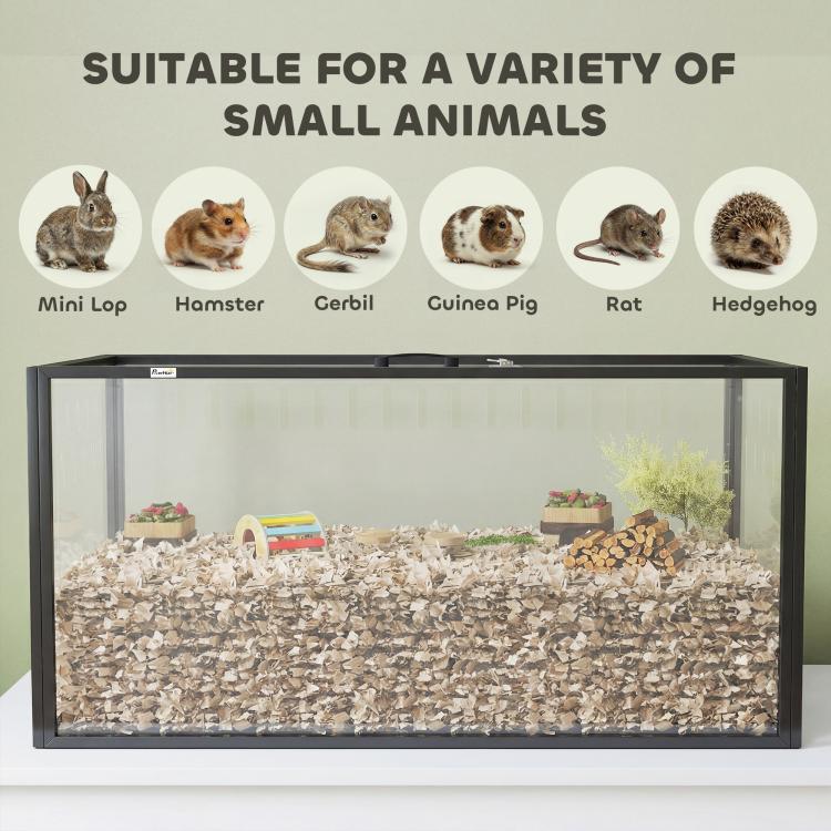 Large acrylic small-animal cage with black frame, clear front, bedding inside