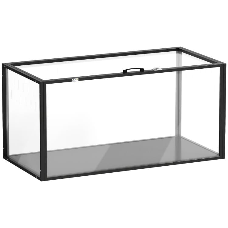 Large acrylic small-animal cage with black frame and clear side panels, empty