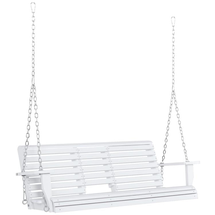 White wooden porch swing with slatted 3-seat bench and hanging chains