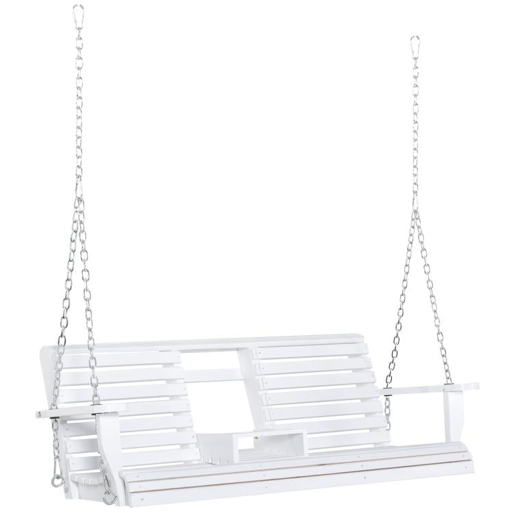 White wooden porch swing bench with folding coffee table and cup holders