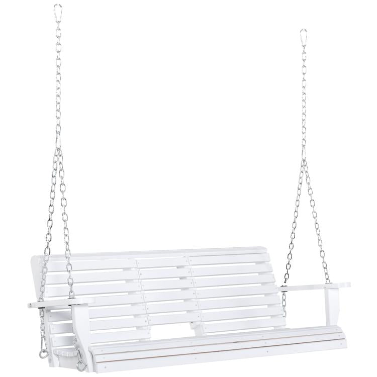 White 3-seat porch swing bench suspended on chains