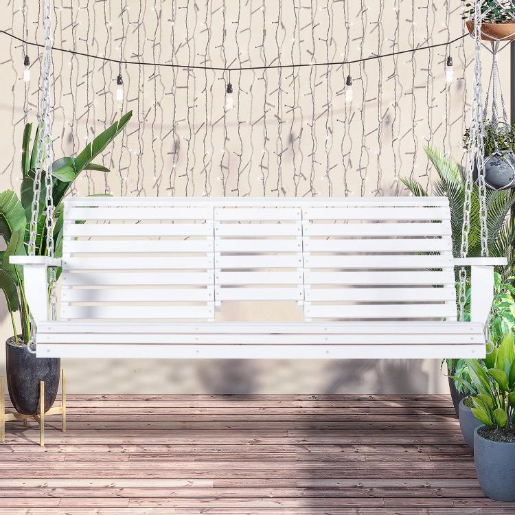 White 3-seat wooden porch swing on chains with slatted backrest and side table