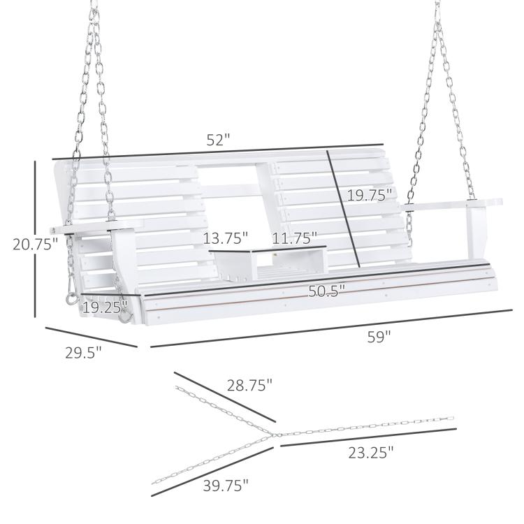 White 3-seat wooden porch swing with hanging chains and size measurements diagram