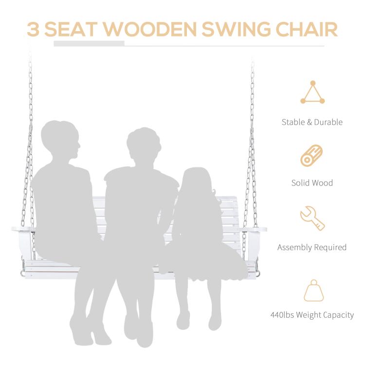 White 3-seat wooden swing chair with hanging chains, stable wooden build icons