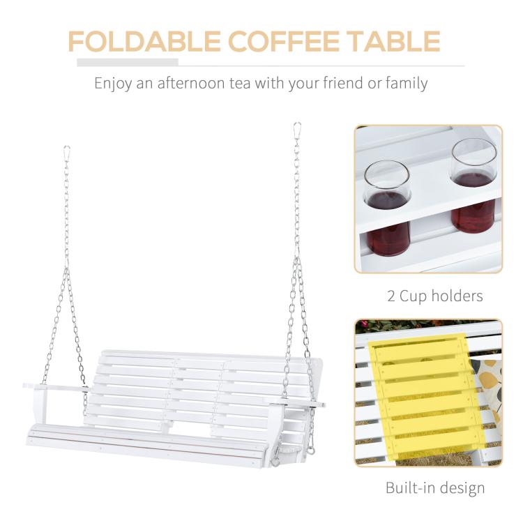 White wooden porch swing with foldable coffee table and two cup holders