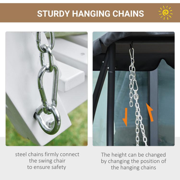 Steel hanging chains for white wooden porch swing with secure link connection