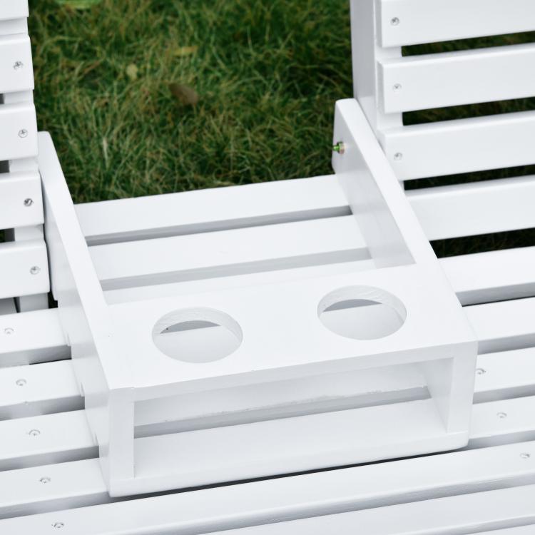 White wooden porch swing front panel with two circular cup holder openings