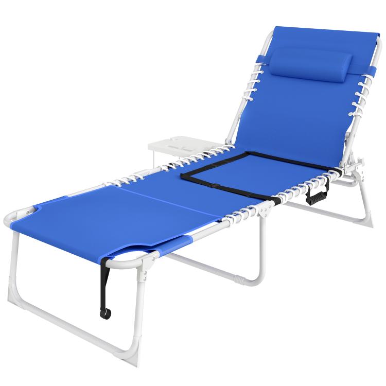 Navy blue reclining folding chaise lounge chair with face opening