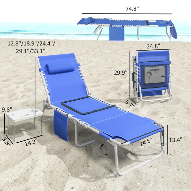Navy blue folding lounge chair with face opening and side table, size view