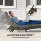 Gray padded chaise lounge chair with adjustable backrest and wheel base in use