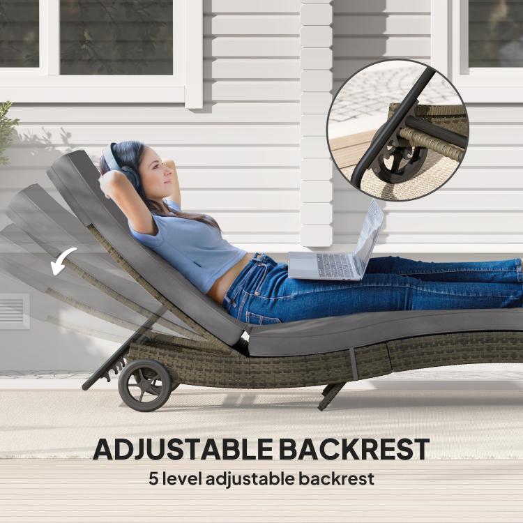 Gray padded chaise lounge chair with adjustable backrest and wheel base in use