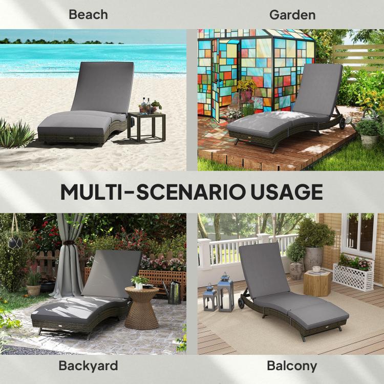 Gray chaise lounge chair with adjustable backrest and padded seat for outdoor use