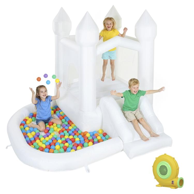 White inflatable castle bounce house with ball pit and slide; blower and kids playing