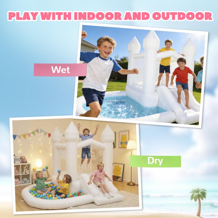 White inflatable castle bounce house with slide and ball pit for kids