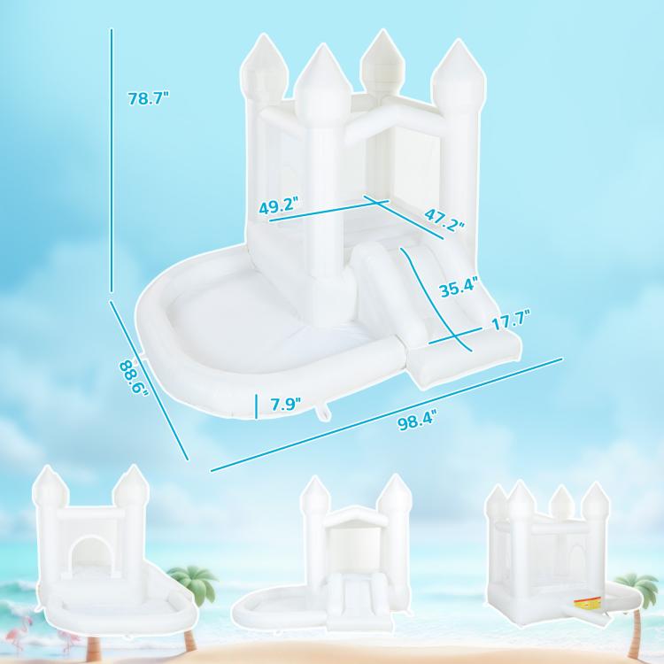 White inflatable castle bounce house size diagram with slide and ball pit