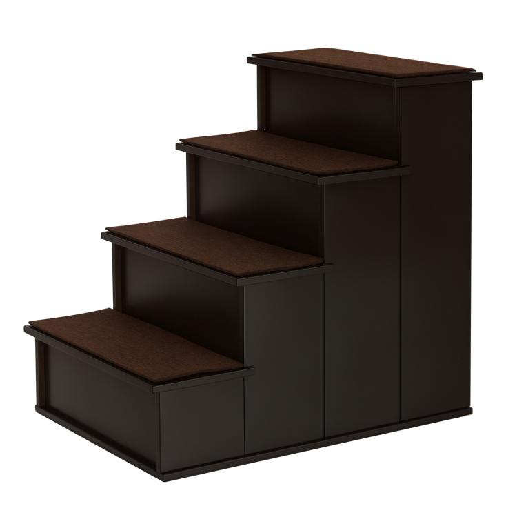 Brown cushioned pet stairs with four steps and dark brown frame, built-in storage steps