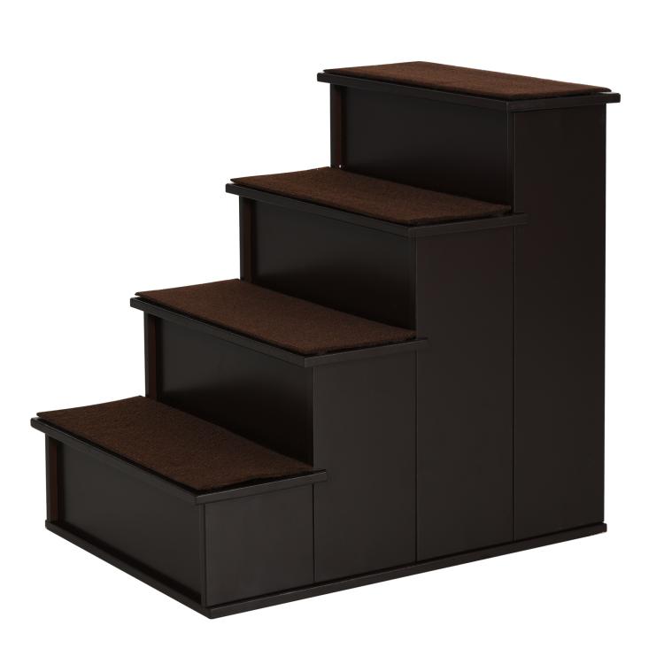 3-step pet stairs with brown cushioned treads on dark wooden frame