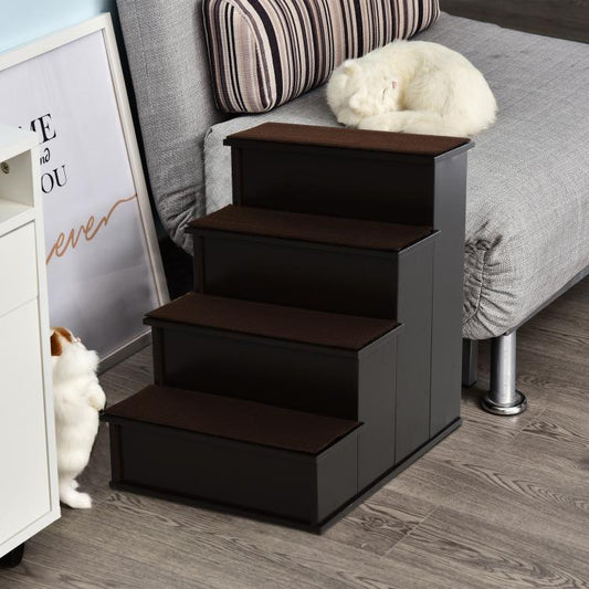 Brown pet stairs with cushioned steps and dark frame, with a small dog using it