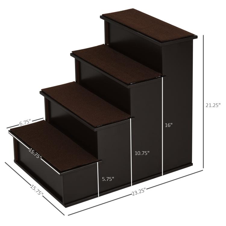 Pet stairs with four brown cushioned steps and dark frame, with size measurements