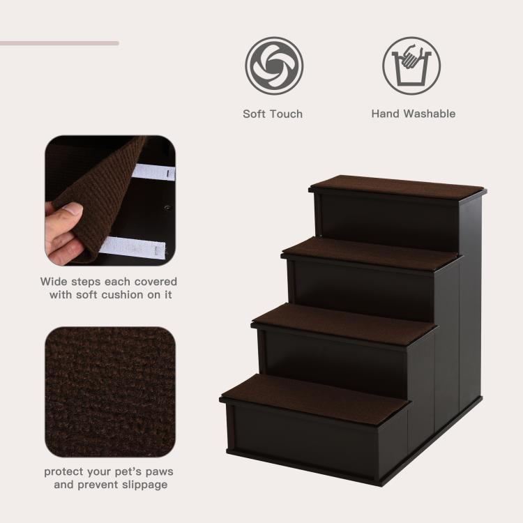 Brown cushioned pet stairs with three steps and dark frame, soft touch cover