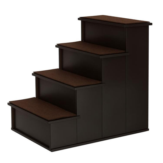Brown cushioned pet stairs with four steps and dark brown frame, built-in storage steps