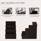 Pet stairs shown in angled views with brown cushioned steps and dark frame