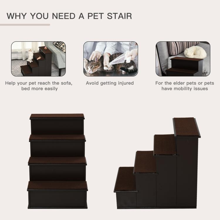 Pet stairs shown in angled views with brown cushioned steps and dark frame