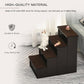 Brown cushioned pet stairs with dark frame for strong support, shown with a white dog