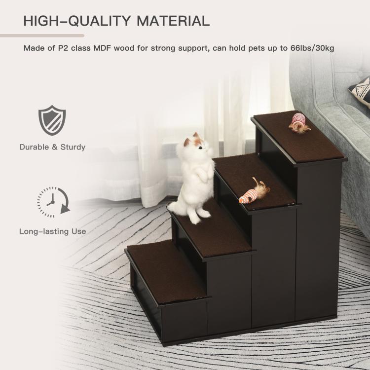 Brown cushioned pet stairs with dark frame for strong support, shown with a white dog