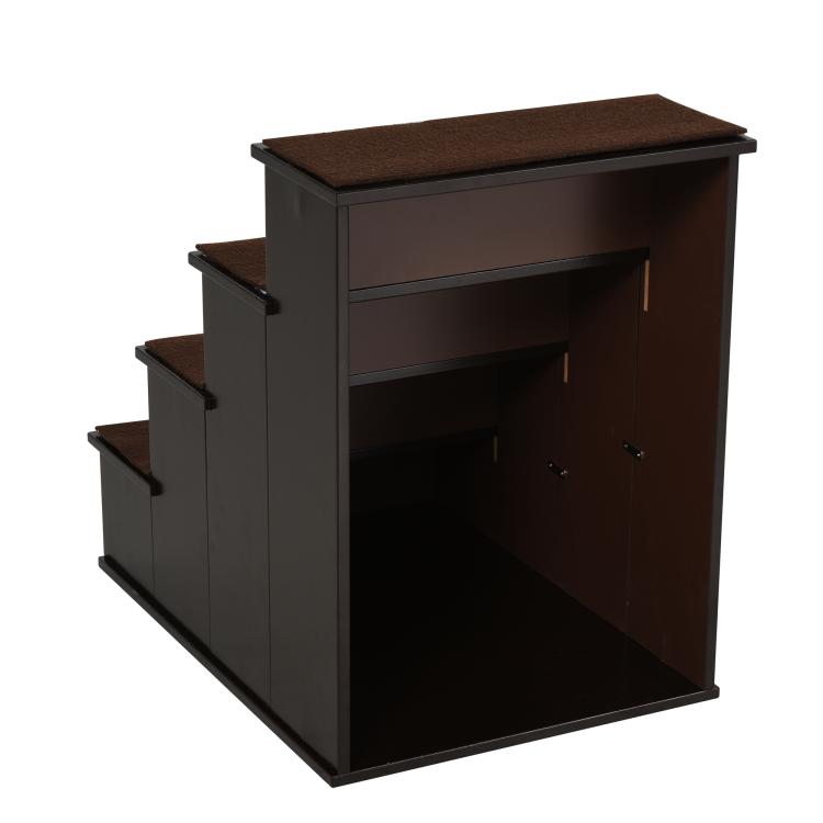 Pet stairs with dark brown frame and brown top cushion, side compartment doors