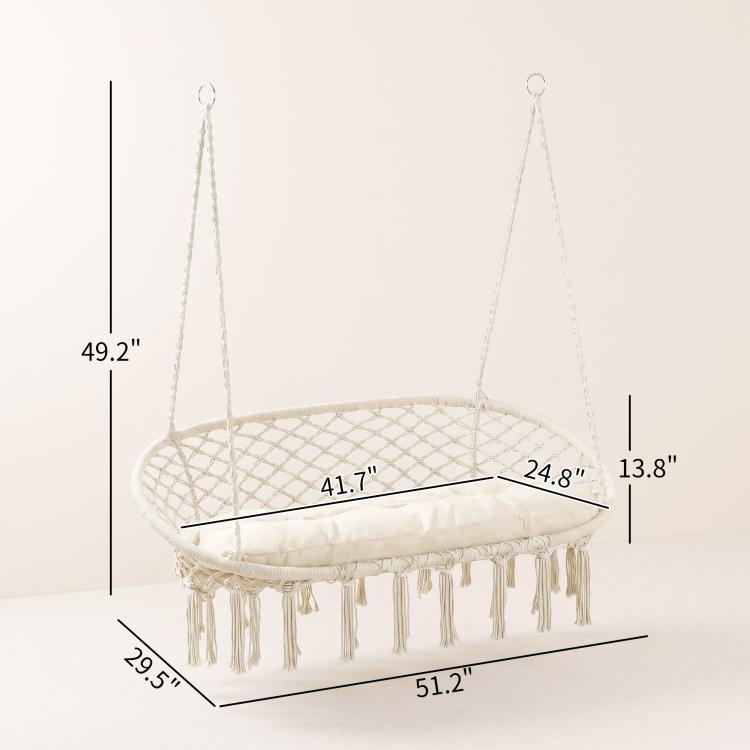 Macrame rope hammock chair with measurements, round seat, cushion, and hanging tassels