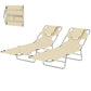 Two beige tanning chaise lounges, angled side view, with face pillows and steel frames