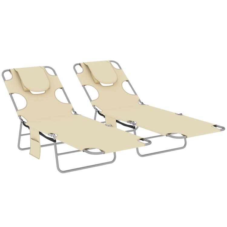 Set of 2 beige adjustable chaise lounge chairs with face openings and head pillow pads