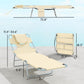 Beige tanning chaise lounge with face pillow and steel base, shown with size dimensions
