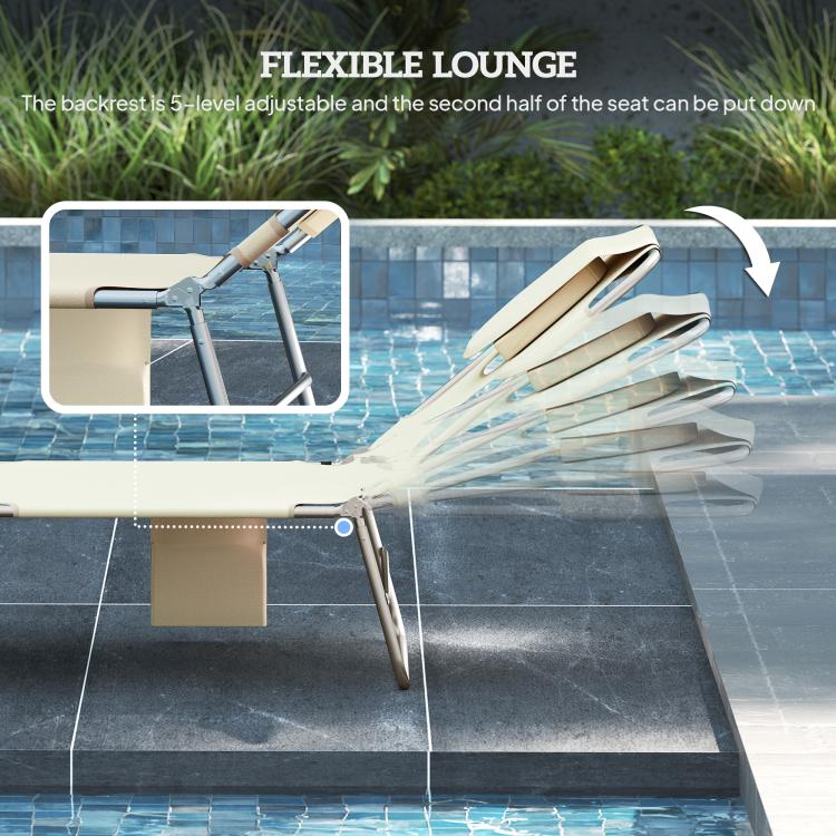 Adjustable beige lounge chair with steel legs and folded back section, poolside