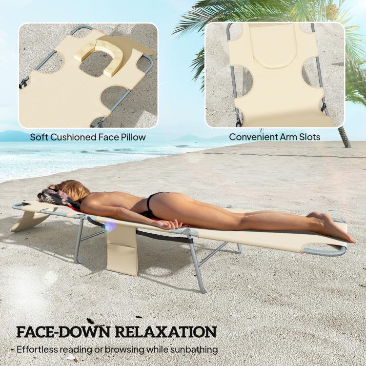 Beige lounge chair with cushioned face pillow and padded arms with cutouts