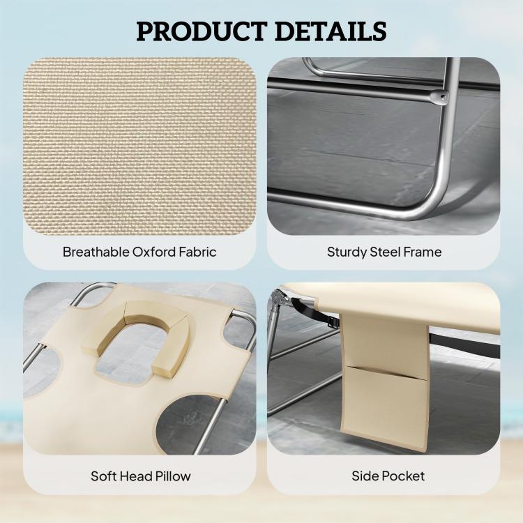 Beige lounge chair product details: breathable fabric, sturdy steel frame, side pocket