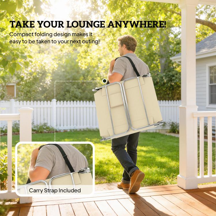 Beige folding tanning chair with face pillow and carry strap, compact for transport