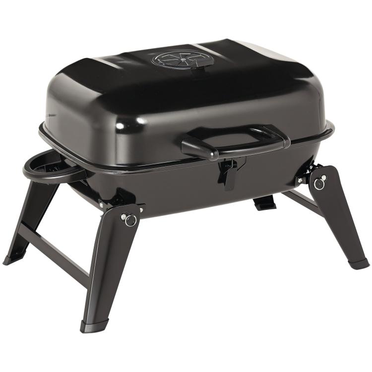 Portable black charcoal grill with domed lid and folding legs, compact outdoor BBQ unit