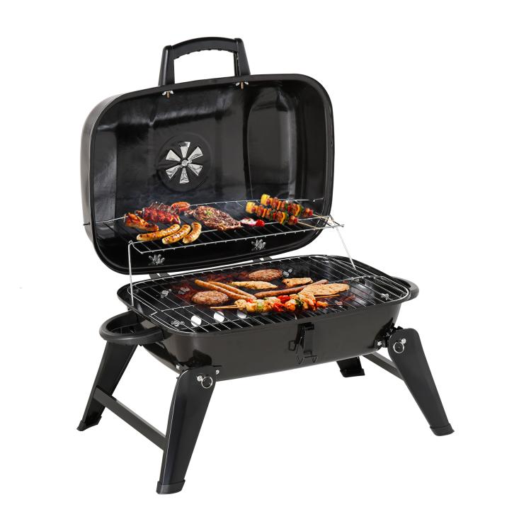 Open black portable charcoal grill with cooking grate and built-in charcoal tray